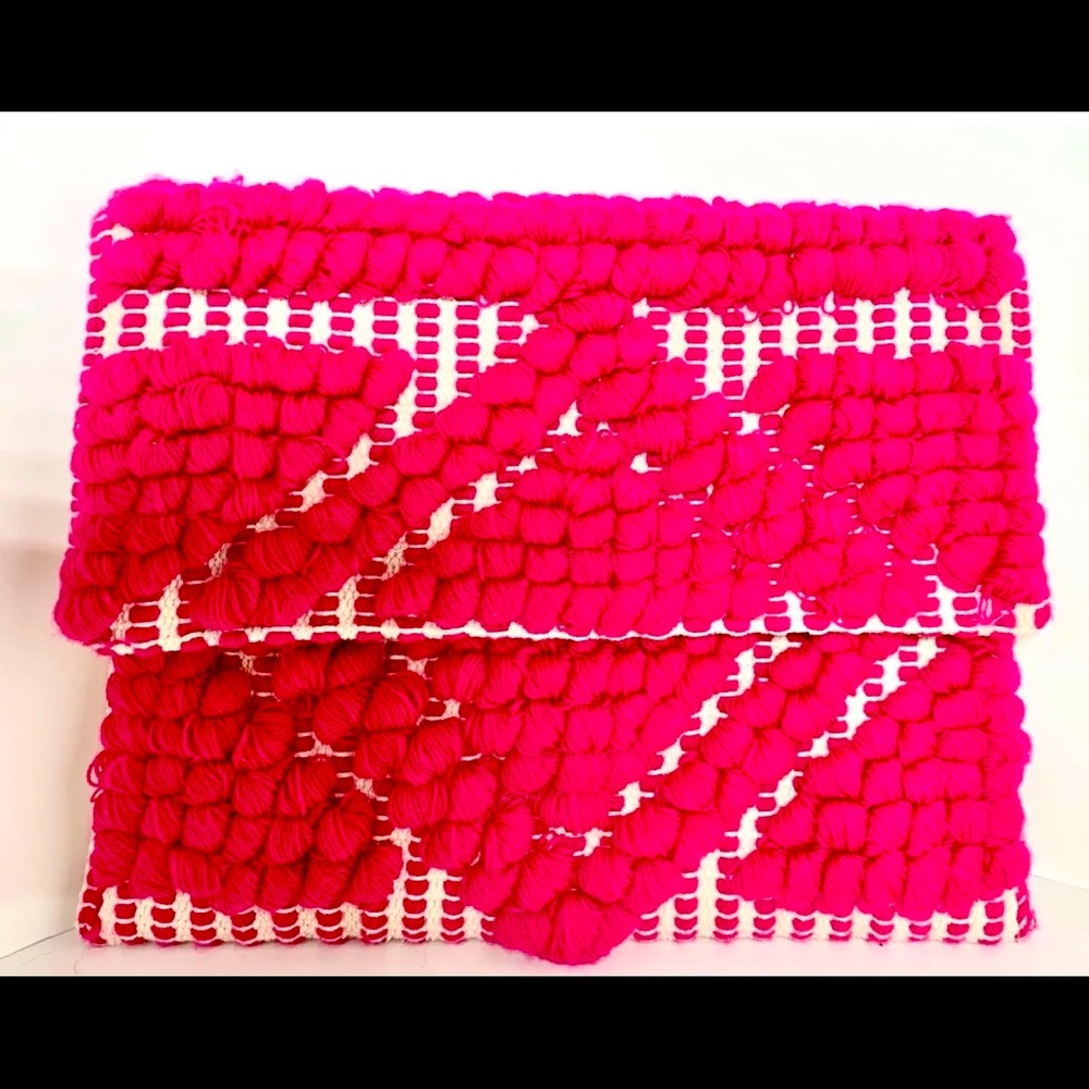 MUD PIE Hot Pink Pom Pom Clutch ~ Large Sized Hand-Loomed Fold-Over Snap Purse